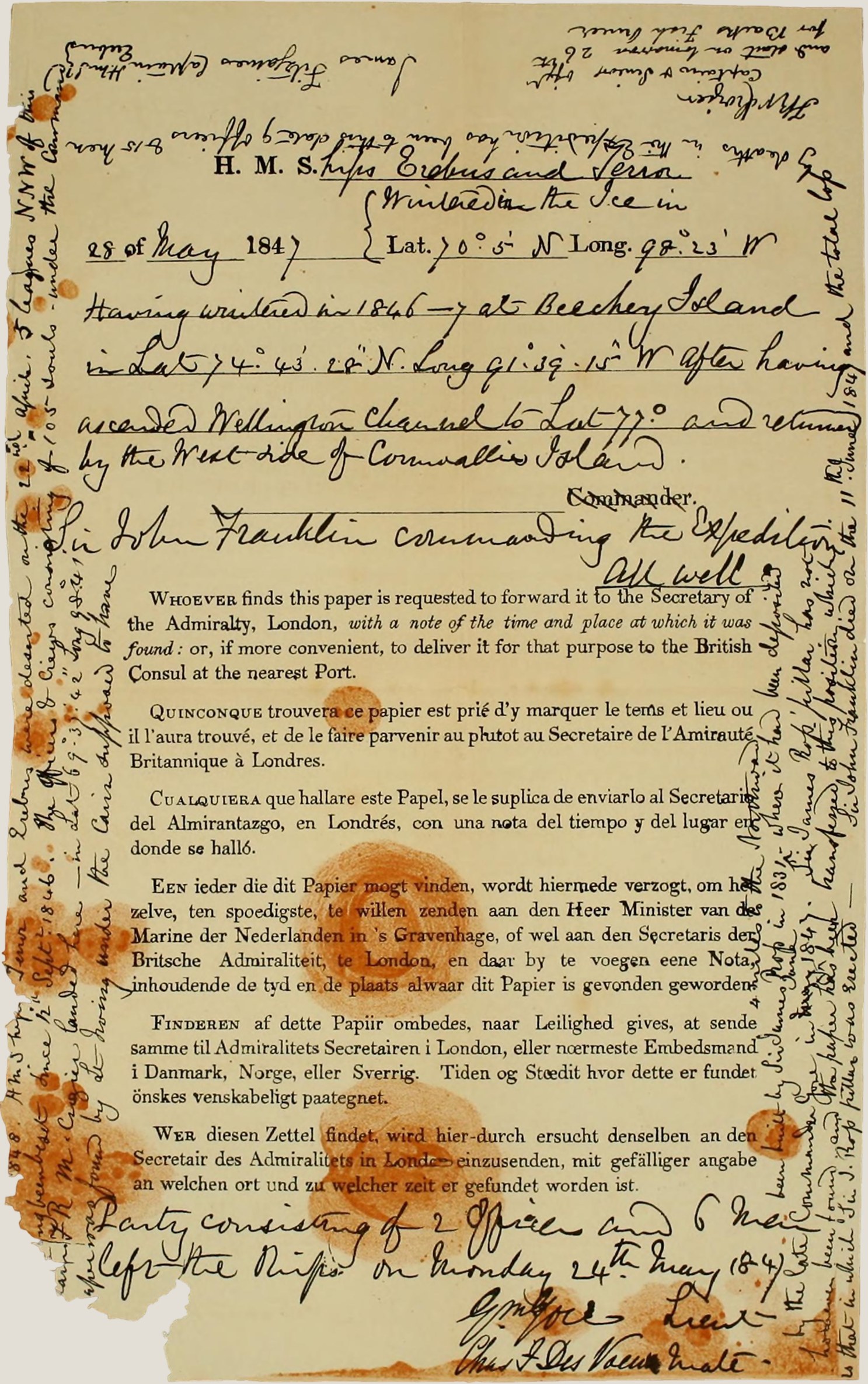 In the spring of 1859, on the west coast of King William Island, a search party prised open a stone cairn and found a single sheet of paper inside it. It had been written in two stages by men who were already dead by the time anyone read it.