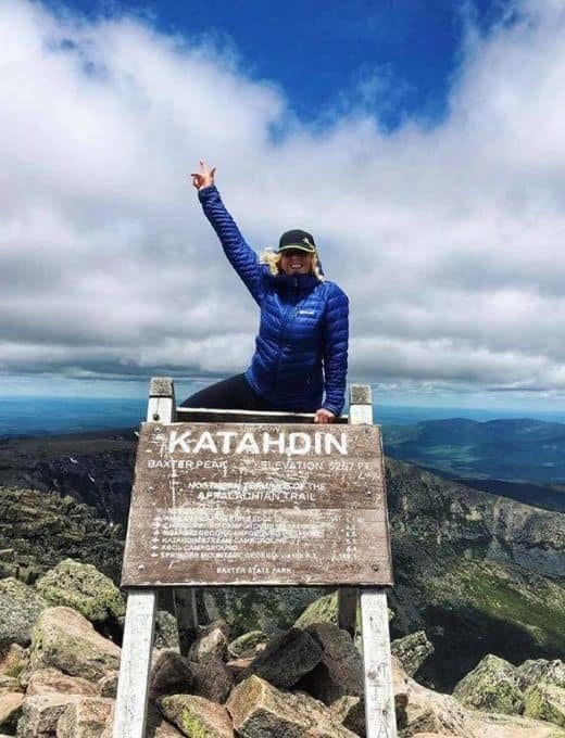 At the summit sign on Katahdin, Maine, the start of the 2019 southbound walk