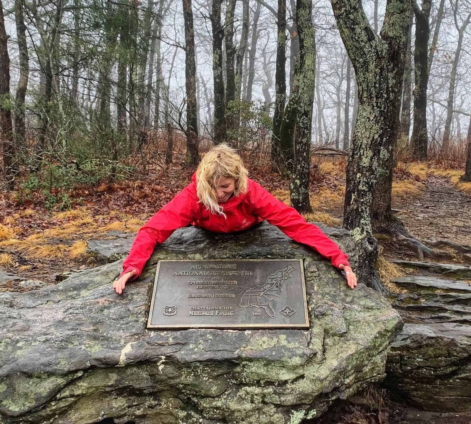 At the Springer Mountain sign, Georgia, December 2019. The southern end of the trail